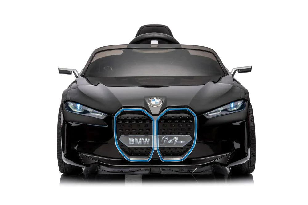Front view of a black BMW I4 children's car, 12 Volt, with blue accents and remote parental control