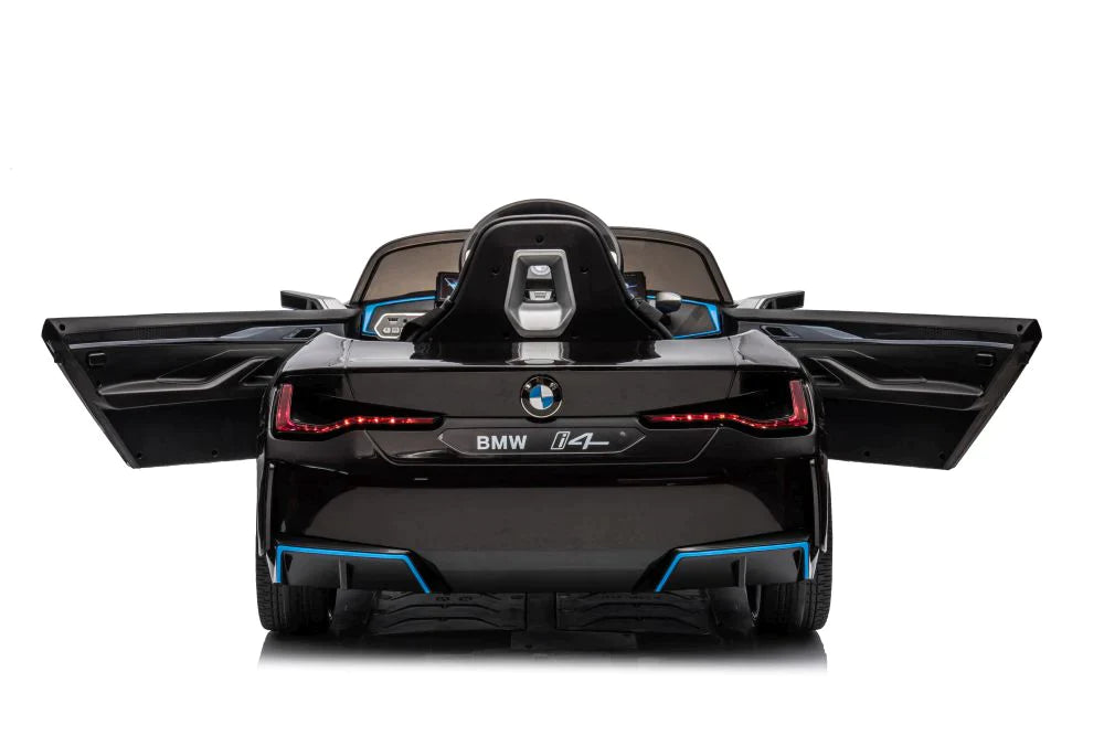 Rear view of black BMW I4 12 Volt Electric Ride On Car for Kids with open doors on white background