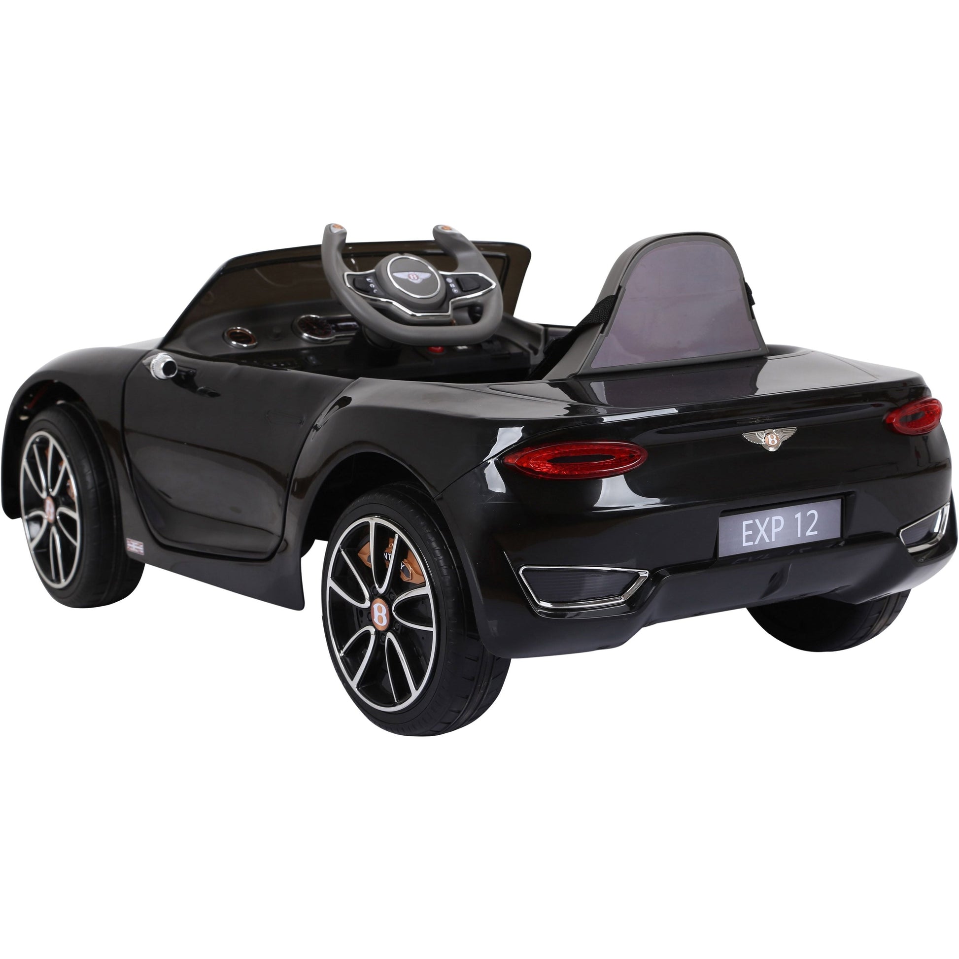 Black Bentley GT EXP12 electric ride-on toy car for kids, isolated on a white background.