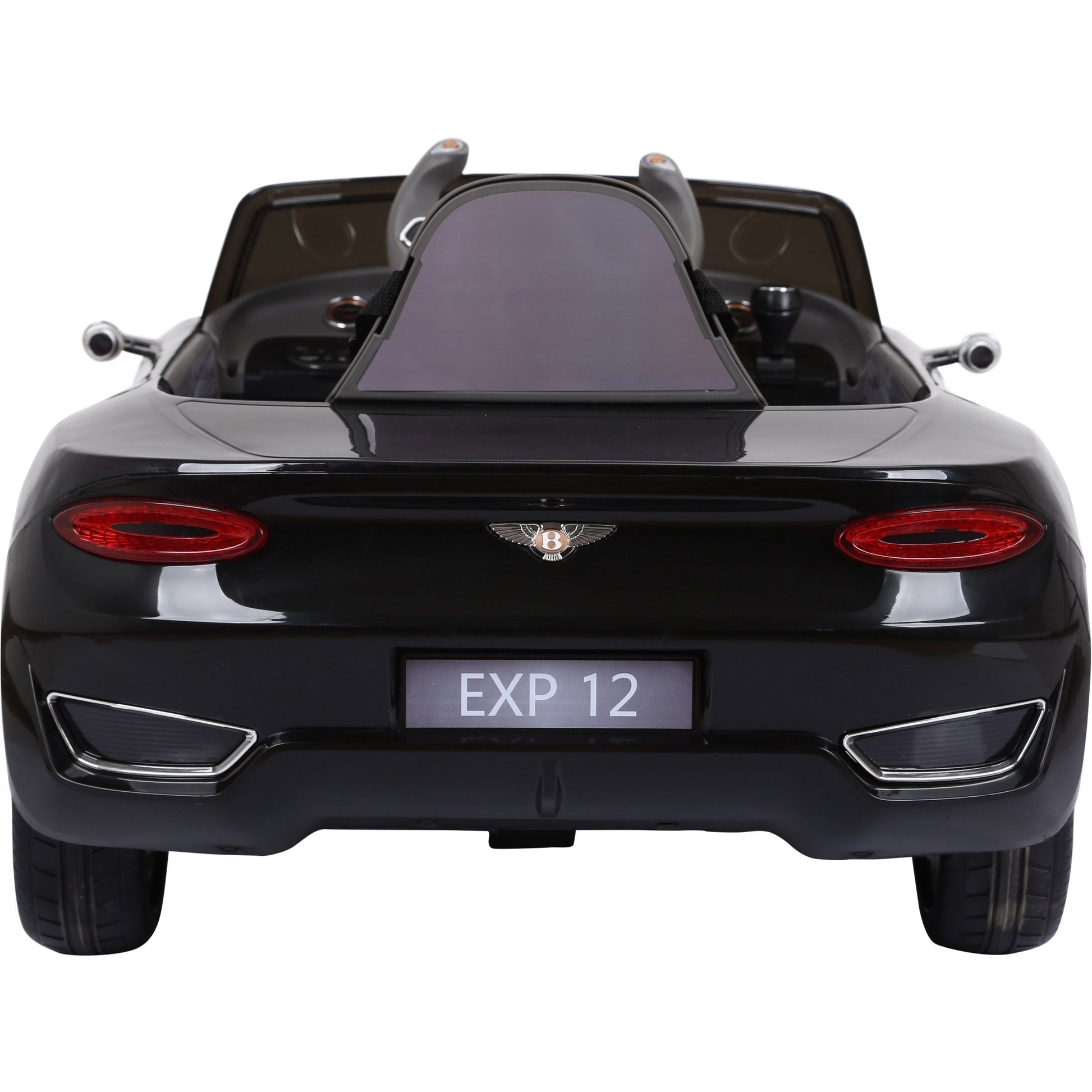 Black Bentley GT EXP12 electric ride on car for kids with license plate 'exp 12', rear view.