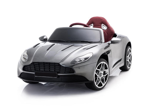 "Grey Aston Martin DB11 electric ride-on car for children, with parental control feature, isolated on white."