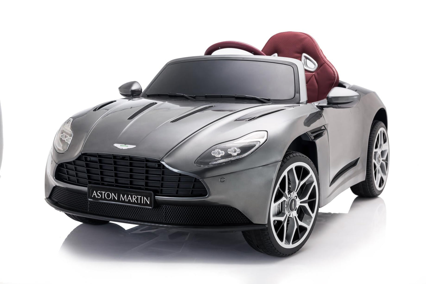 Grey Aston Martin DB11 Electric Ride On Car for kids on a white background.