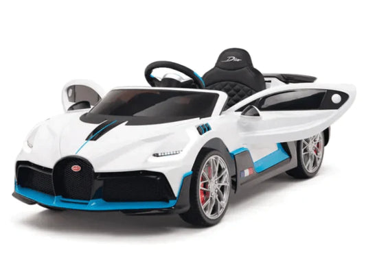 White and blue licensed Bugatti toy sports car for kids on white background, electric ride-on version.