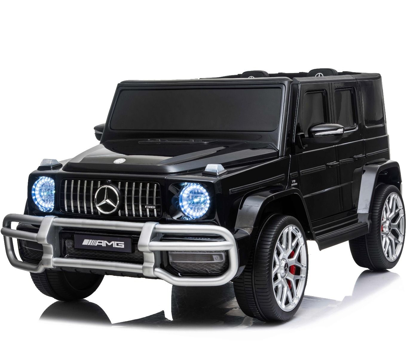 "Matte black Mercedes G-Wagon AMG G63 electric ride on 2 seater jeep with 4-wheel drive capabilities on a white background for kids."