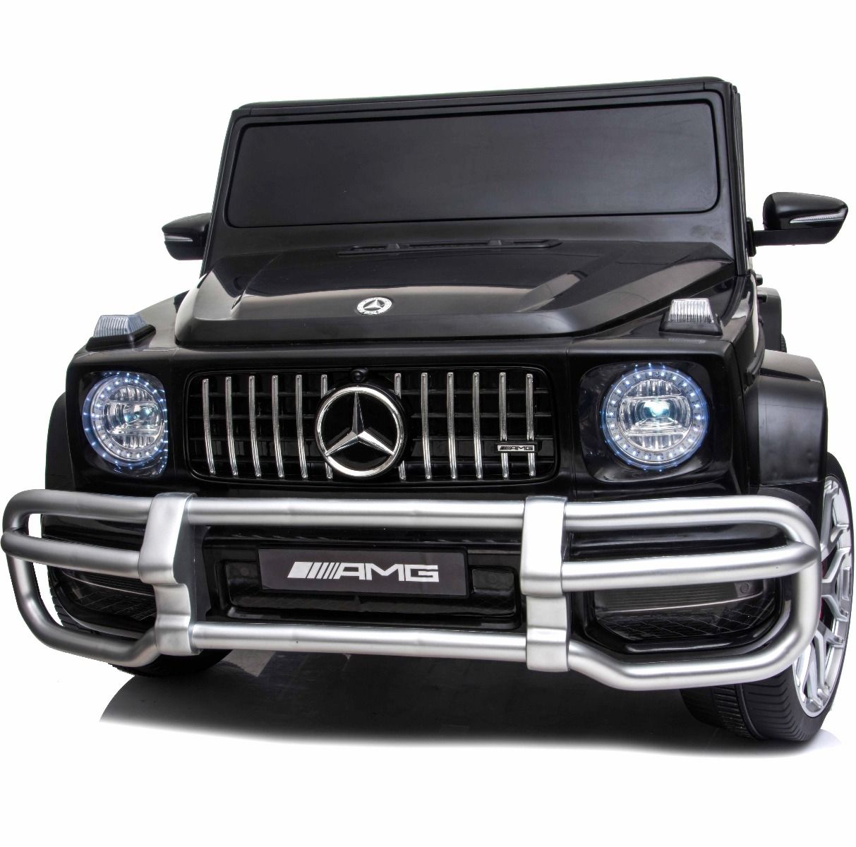 Black Mercedes G-Wagon AMG G63 two seater electric ride on Jeep 24v pickup truck for kids on white background.