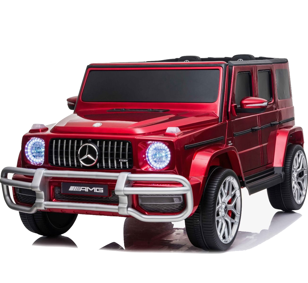 Red Mercedes G-Wagon AMG G63 2-Seater Jeep for kids, electric ride-on toy with four-wheel drive, displayed on white background.