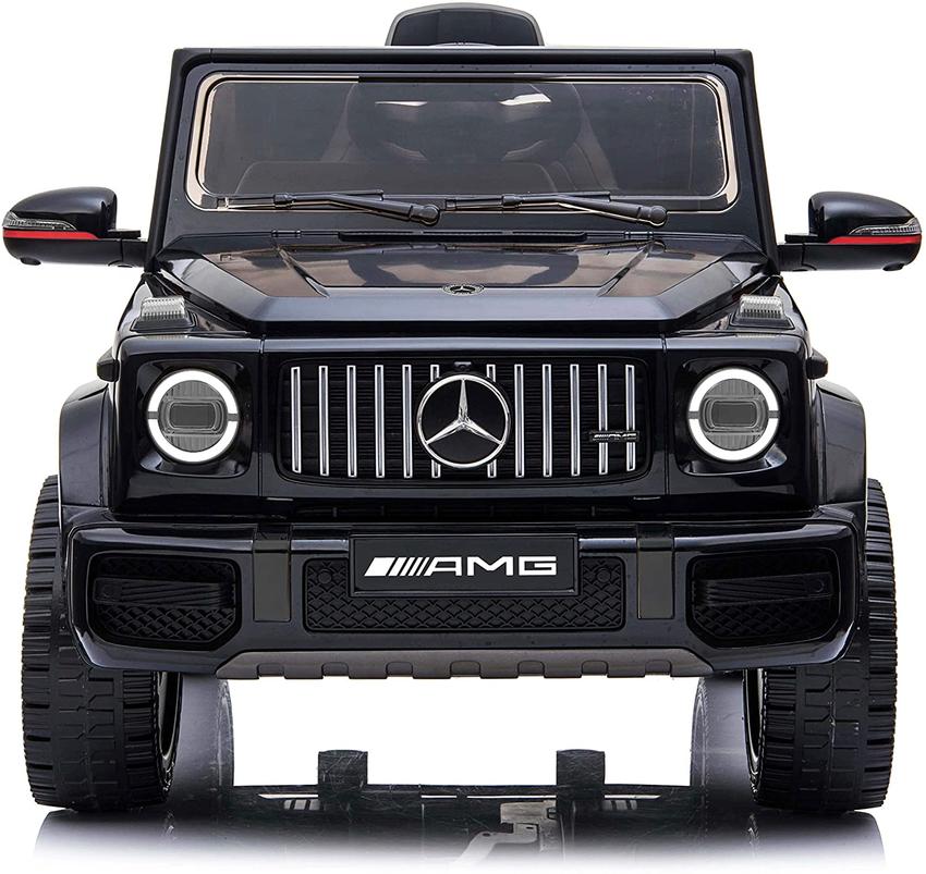 Front view of a black Mercedes Benz G63 AMG battery electric ride-on car for kids, 12V, on a white background.
