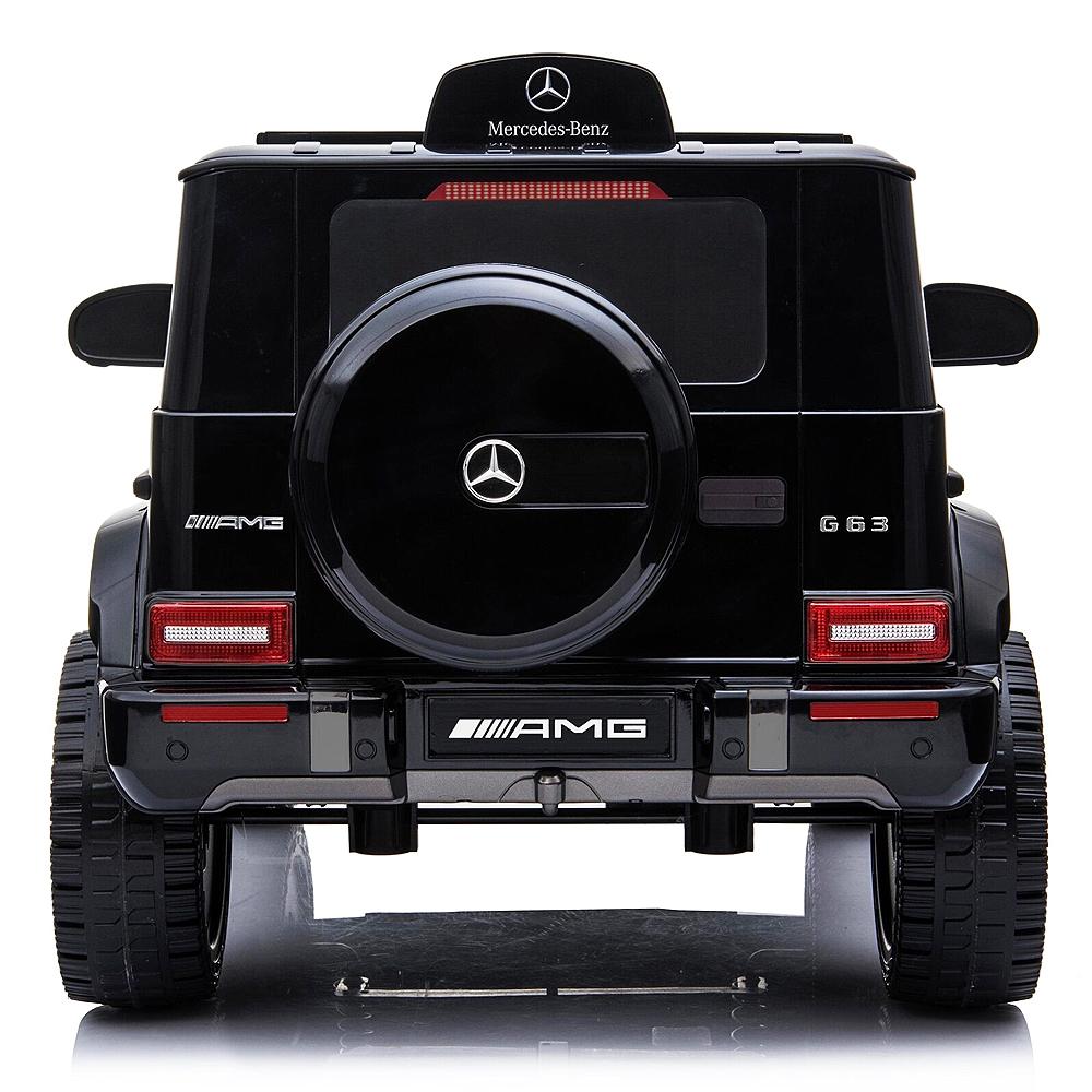 Black luxury Mercedes Benz G63 AMG 12V electric ride-on for kids, highlighting rear details, set against a white background.