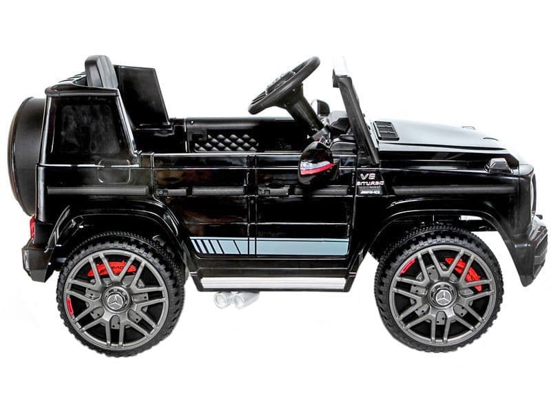 Black Mercedes Benz G63 AMG Battery Electric Ride on Car for kids with red-trimmed wheels, open top, and Bluetooth sound system.
