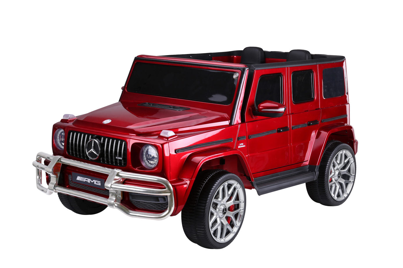 "Red Mercedes G-Wagon AMG G63, 2 Seater Jeep with 4-wheel drive, electric ride on for kids on white background."
