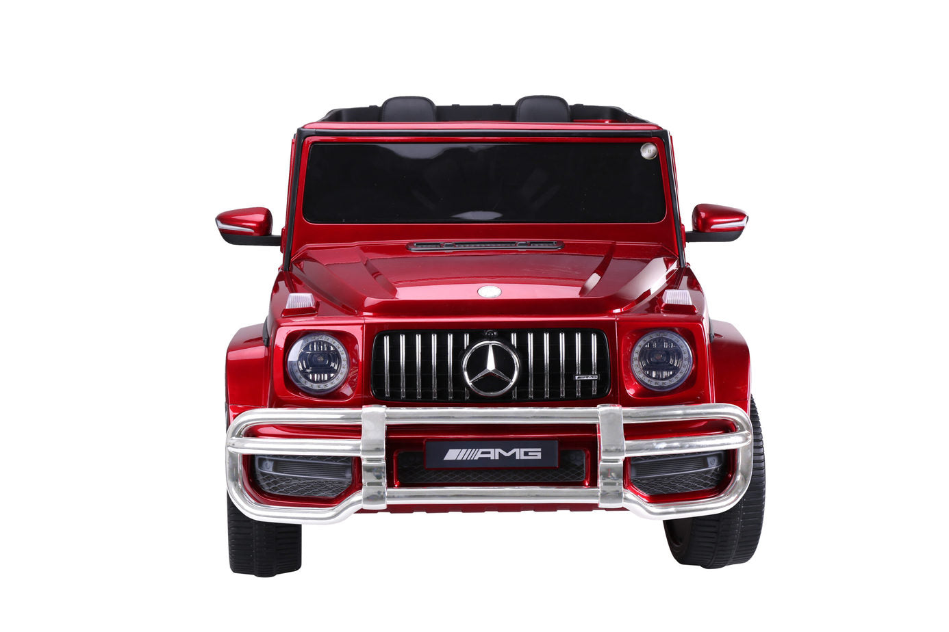 "Red Mercedes G-Wagon AMG G63 2 seater electric ride on jeep on white background."