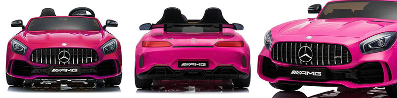 "A Pink Mercedes AMG GTR children's electric ride-on car with parental remote control from Kids Car store."