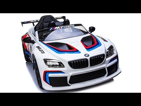 "White and blue electric BMW M6 GT3 ride on car, 12 volt."
