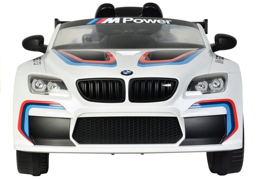 "Electric ride-on car with blue and white stripes inspired by the White BMW M6 GT3 model on KidsCar.co.uk."
