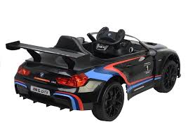 Black BMW M6 GT3 Electric Ride-On Car for Kids with Remote Control, Black Wheels and Racing Stripes.