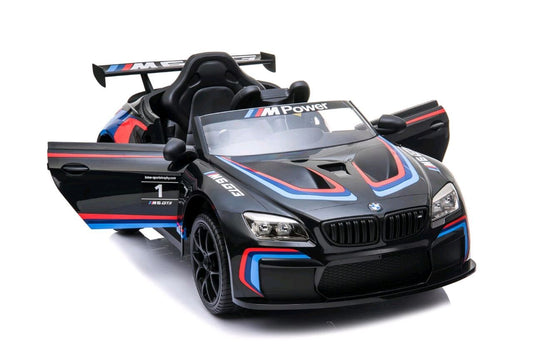 Black BMW M6 GT3 Electric Ride-On Toy Car with M Power Livery on White Background from Kidscar.co.uk
