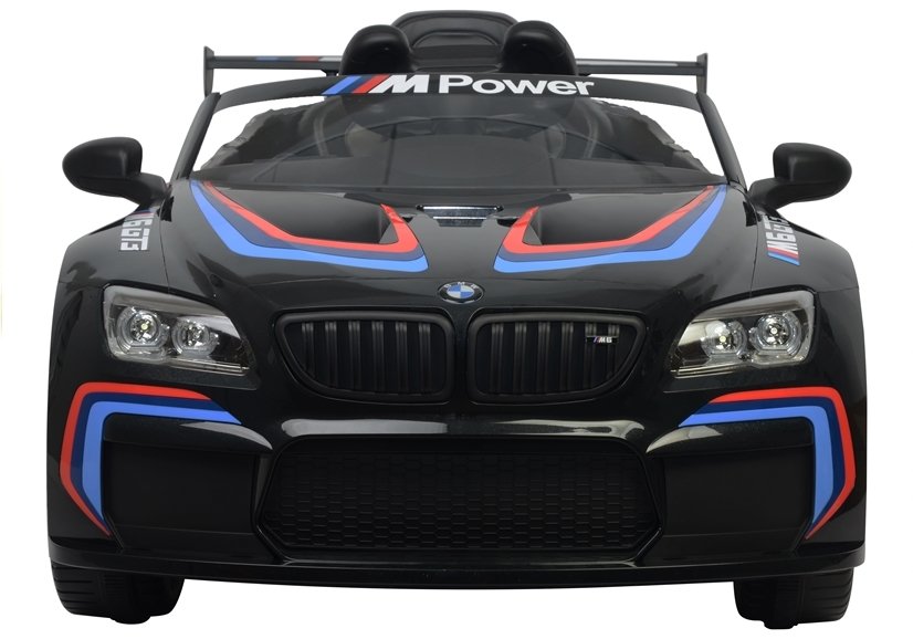 Front view of black BMW M6 GT3 electric ride-on car for kids with blue and red stripes, 12 Volt, featuring parental remote control.