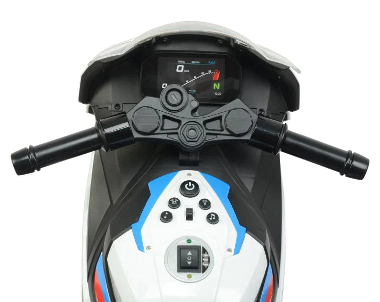 Dashboard and handlebars view of a BMW S1000RR Electric Mini Motorbike for kids.