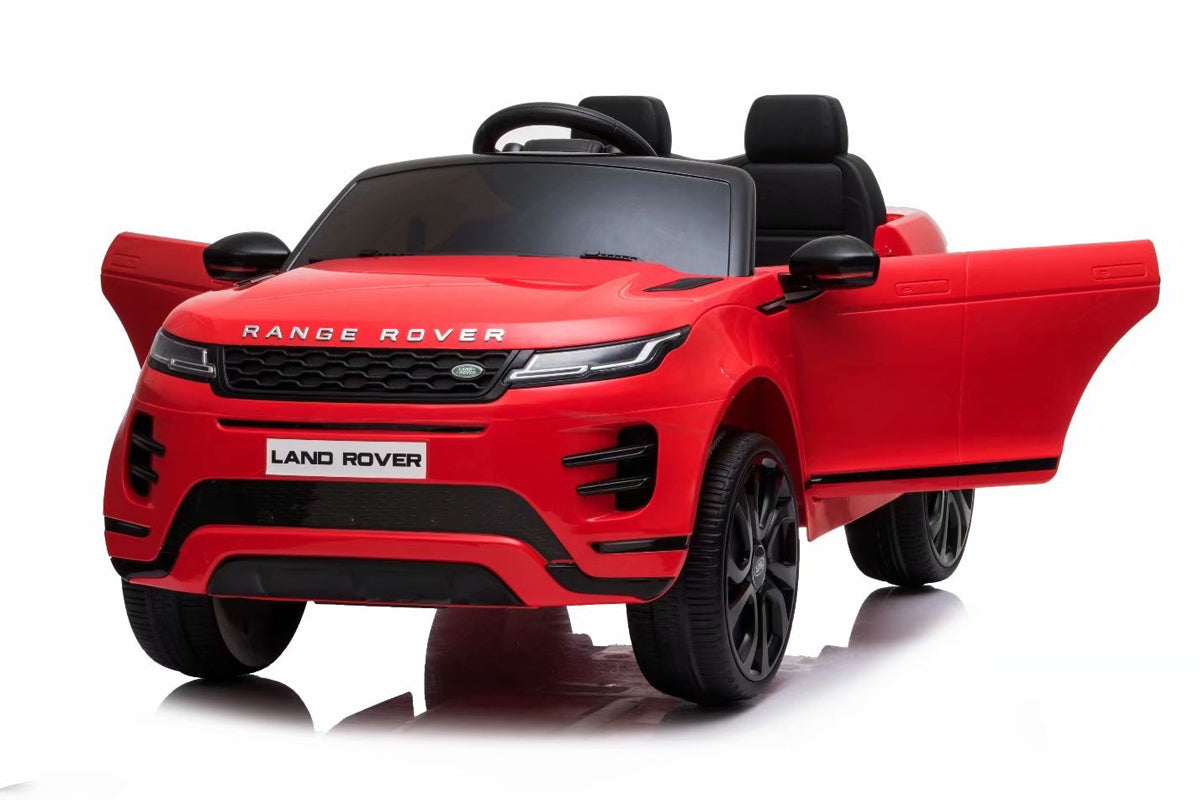 "Kids Range Rover Evoque electric ride-on toy car in red, with parental control, from KidsCar.co.uk, against a white backdrop."