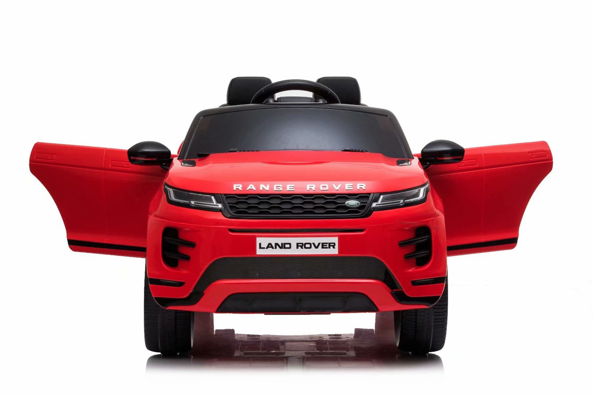 "Red Range Rove Evoque electric ride-on car with parental control from KidsCar.co.uk displayed against a white background."