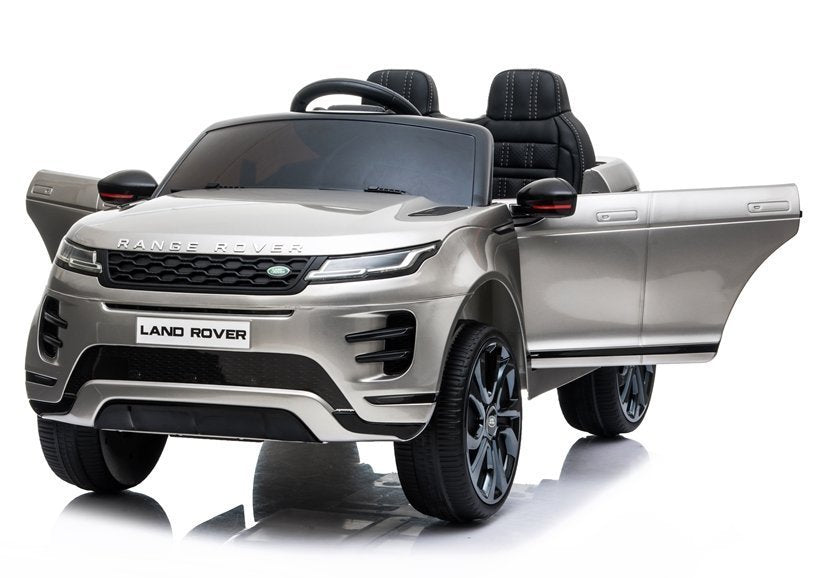 Alt text: A white, battery-powered Range Rover Evoque kids electric ride-on car enabled with parental control.
