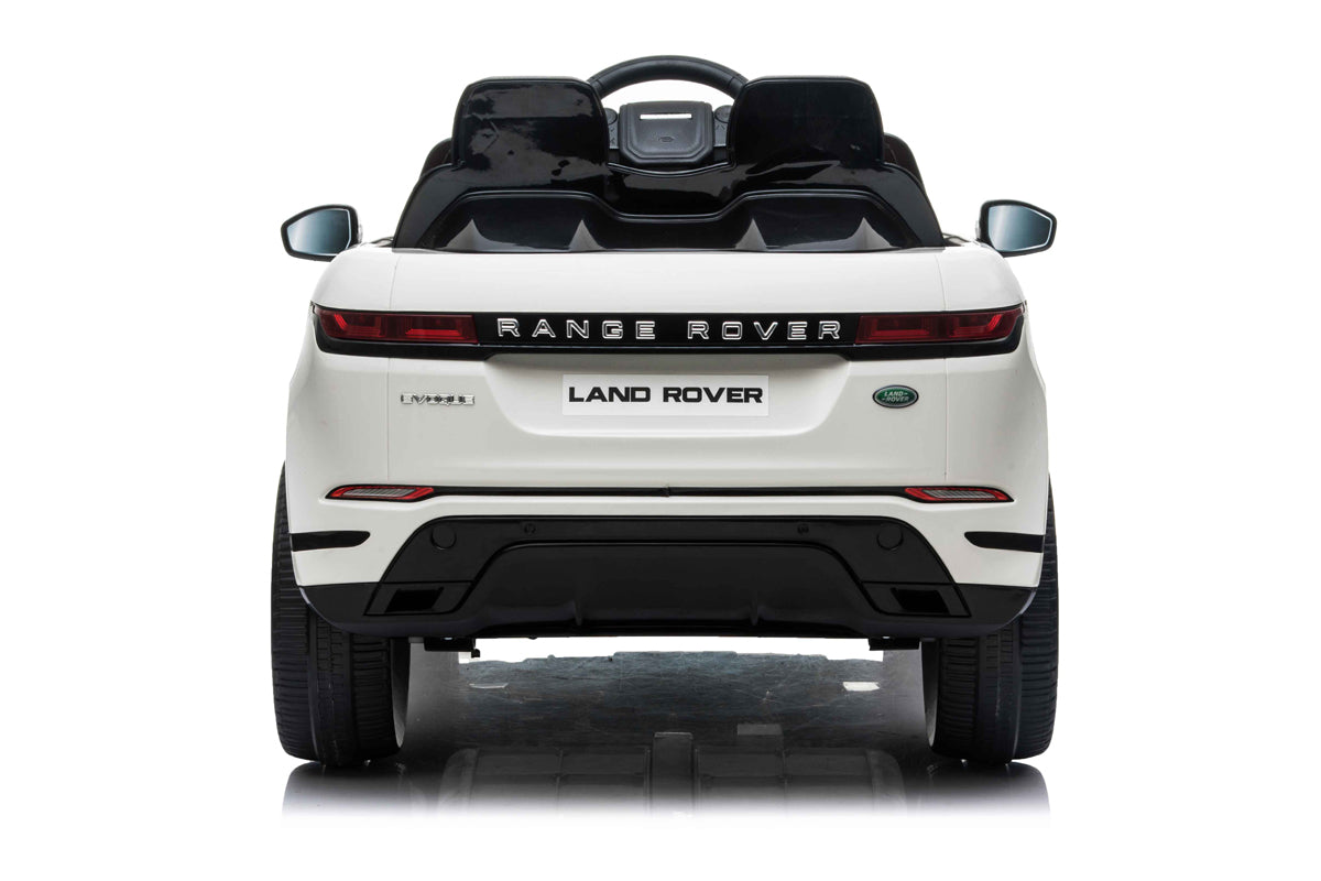 A luxurious, mini white Range Rover Evoque electric ride-on toy car featuring parental control, displayed against a pure white background. Available on KidsCar.co.uk.