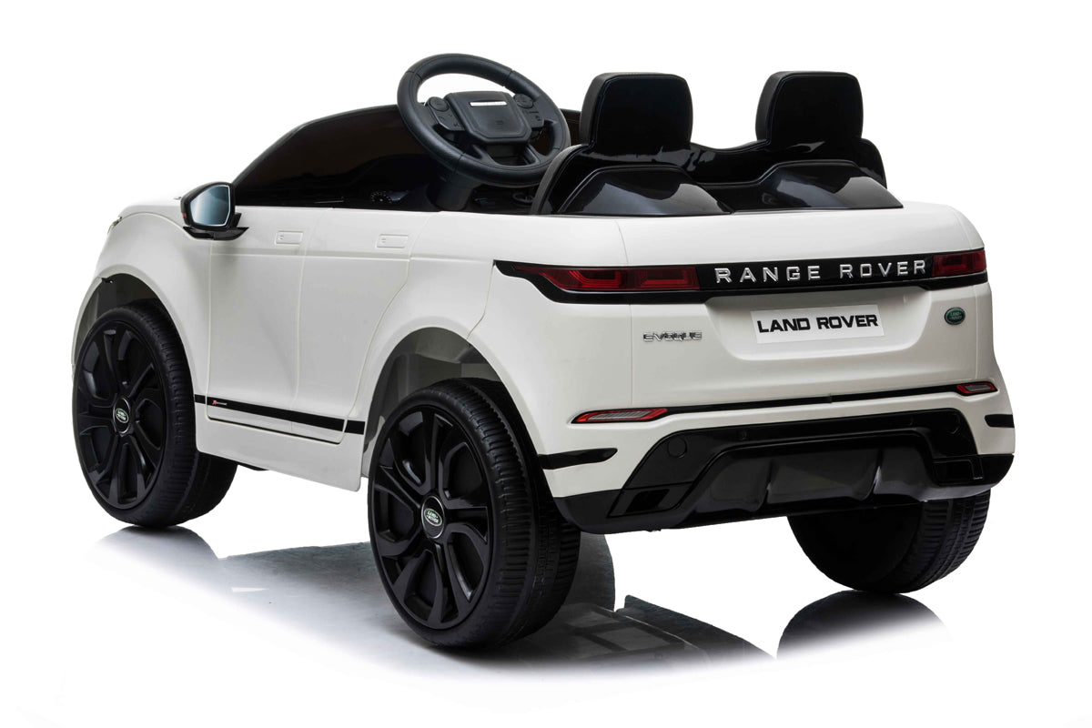 White Range Rover Evoque Kids Electric Car with Parental Control by Range Rover, white background. Displayed on KidsCar.co.uk.