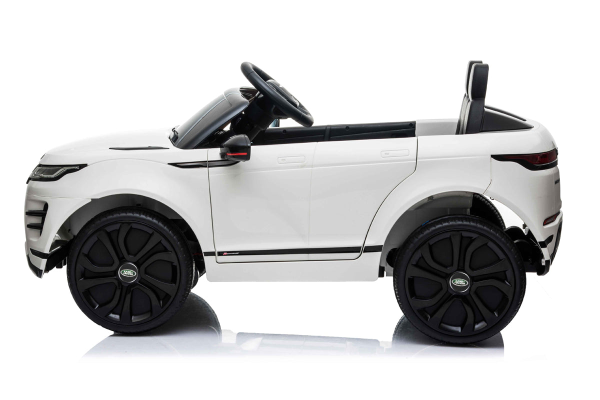 A white Range Rover Evoque children's electric ride-on toy with parental control, presented by RangeRover, on a white backdrop from KidsCar.co.uk.