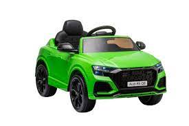 Green Audi RS Q8 electric ride on 12-volt toy car for kids isolated on a white background.