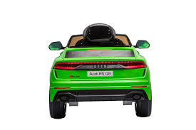 Green Audi RS Q8 12-Volt electric ride for children, rear view, isolated on white background.