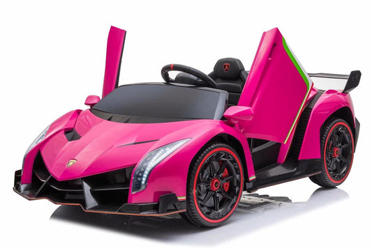 Bright pink LAMBORGHINI Veneno for kids with electric ride on capability, doors open upwards showcasing aerodynamic design, isolated on a white background.