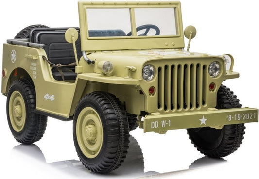 Vintage military-style 3 seater Willys-Jeep electric ride on for kids isolated on white background.