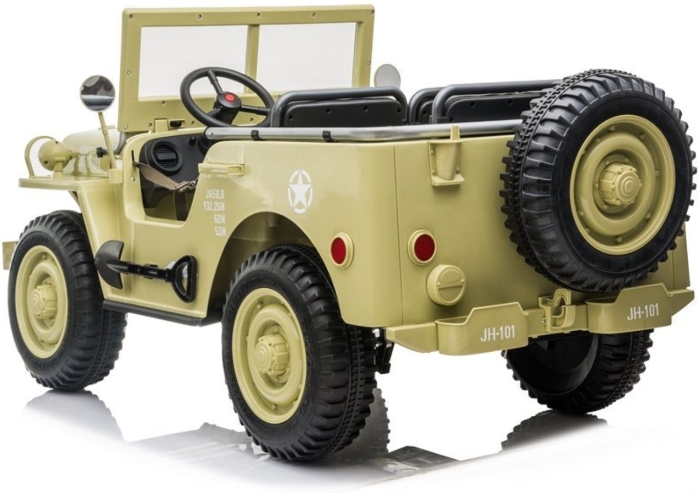 Khaki green vintage military Willys Jeep 4WD electric ride on car for kids with three seats, isolated on white background.