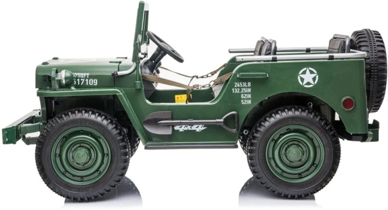 Side view of a dark green Willys-Jeep 4WD 3 seater kids car with black tyres and 4x4 marking.