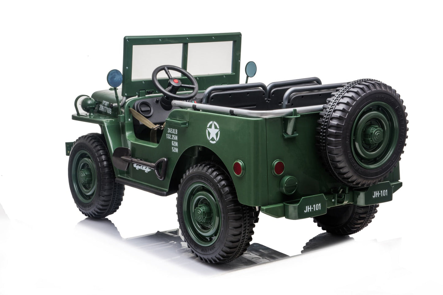 Vintage military-style Willys Jeep 4WD, dark green 3-seater ride on jeep for kids on a white background.