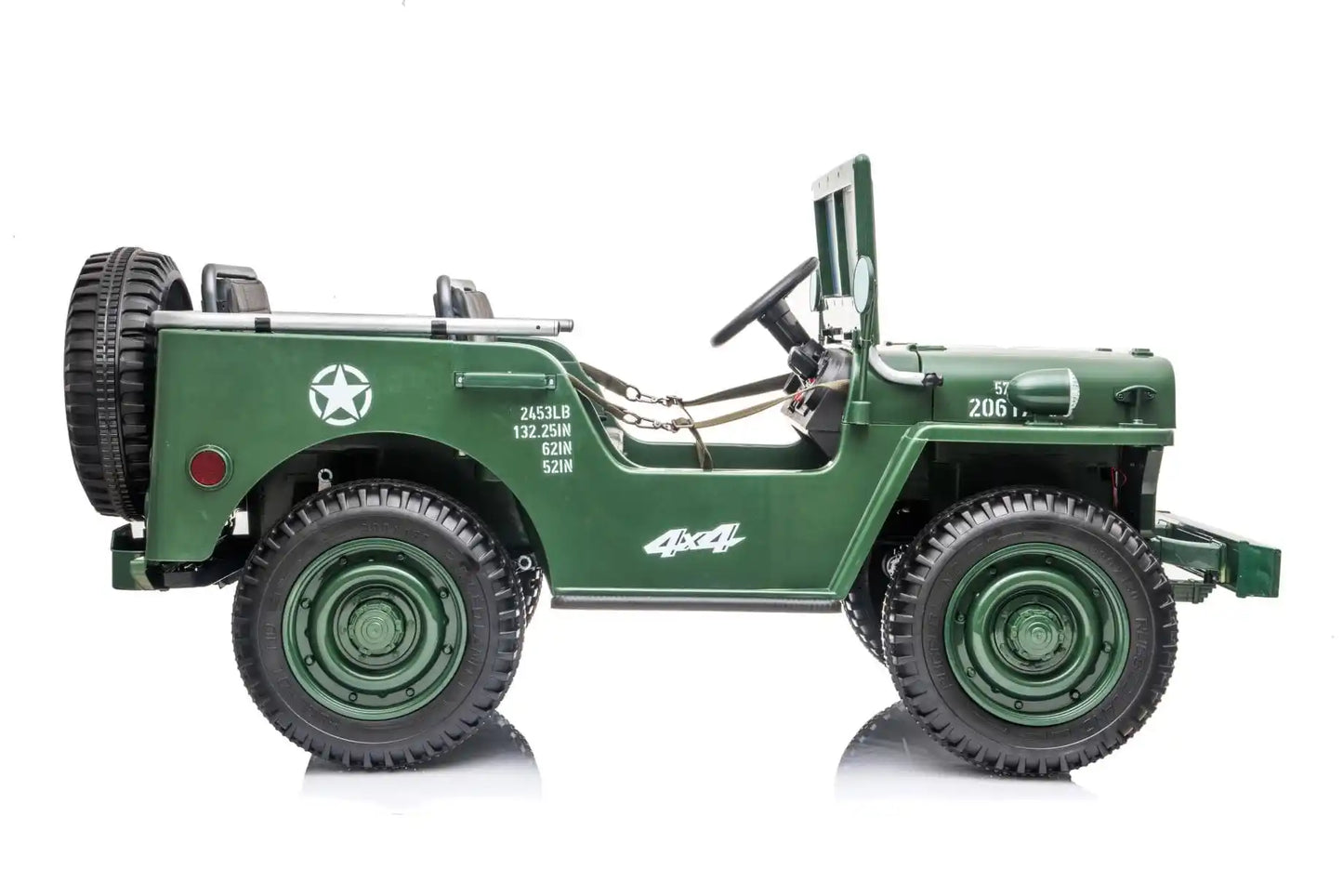 Side view of a dark green 3-seater Willys-Jeep children's ride on car with 4x4 insignia, displayed on white backdrop.