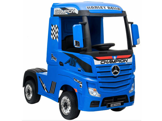 Blue Mercedes Actros ride on lorry for children with champion decals and foot pedal control