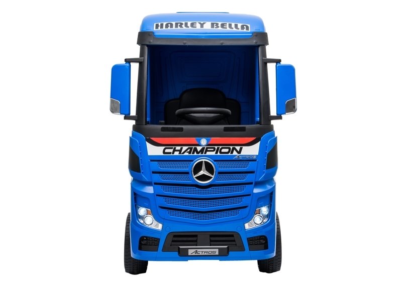 Front view of blue Mercedes Actros electric ride-on lorry for kids with 'champion' on grill