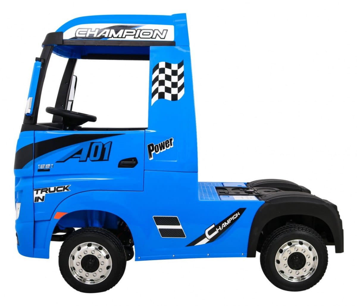 Blue Mercedes Actros electric ride on lorry for kids with parental control, 24 Volt.