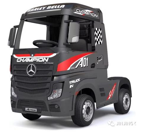 Racing-inspirited black Mercedes-Benz Actros electric ride-on for children, adorned with 'champion' graphics