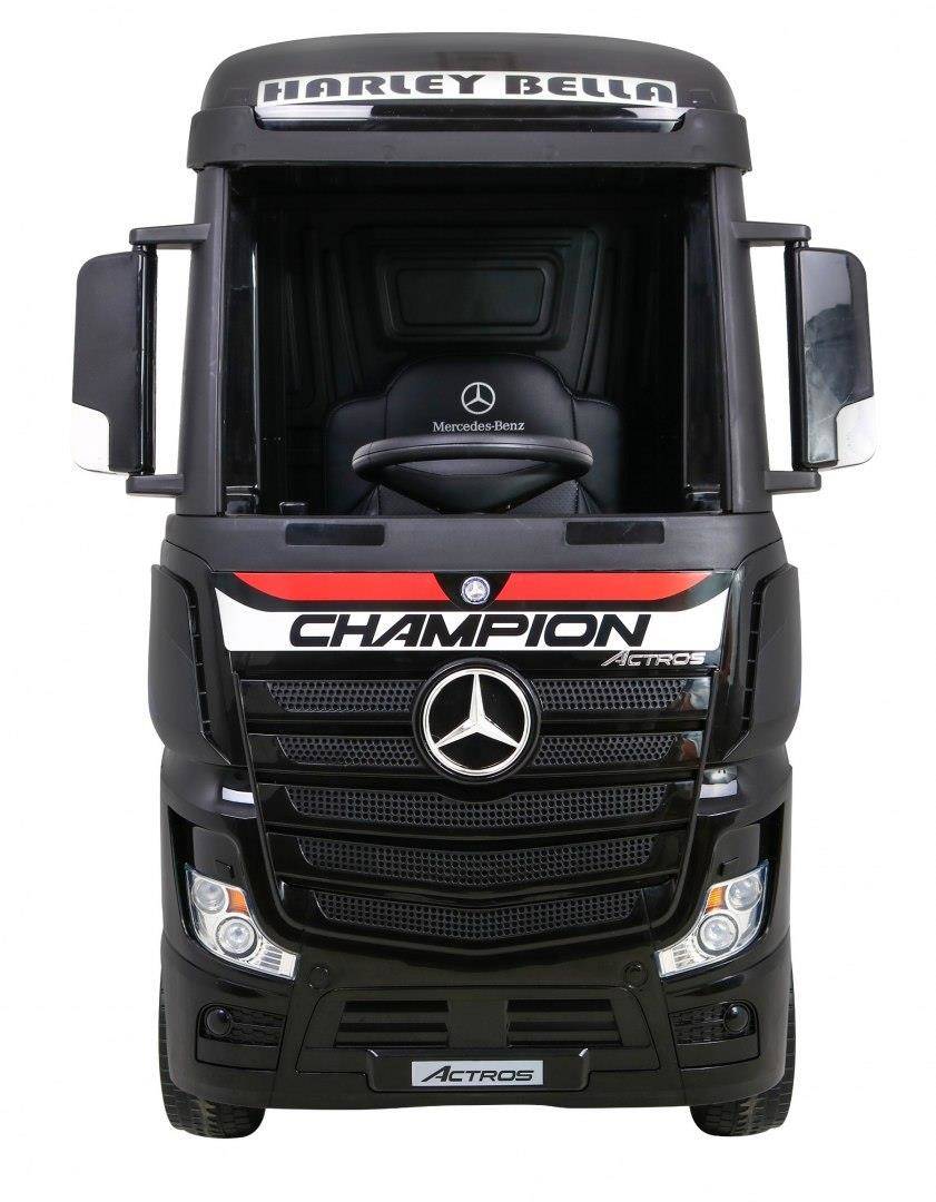 Front view of black Mercedes Actros Children's ride-on lorry with parental control, custom 'champion' graphic on grille by Kidscar.co.uk