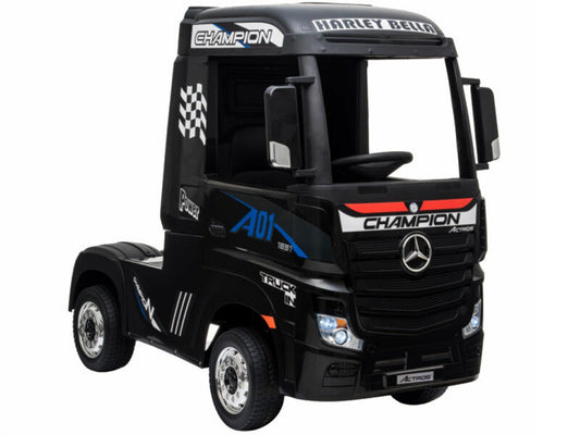 Black Mercedes Actros-inspired electric ride-on toy lorry for kids with 'champion' racing decals