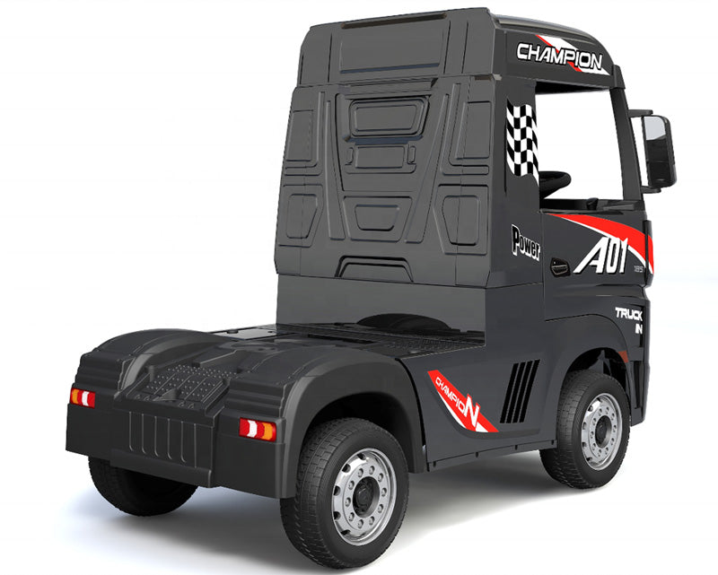Black and red Mercedes-Benz Actros ride-on truck for kids, featuring racing theme and parental control technology.