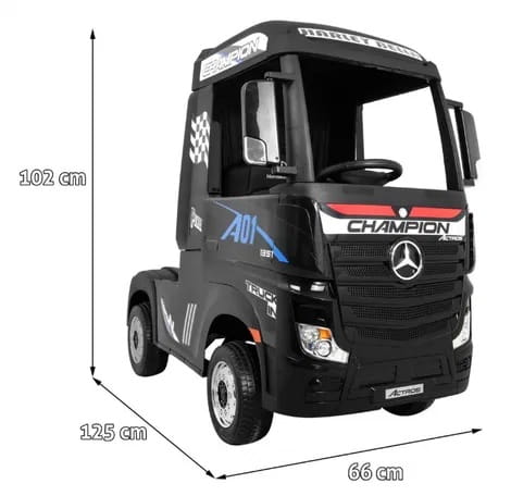 Black Mercedes Actros 24 Volt electric ride-on toy lorry with parental control, measuring 102 cm high, 125 cm long, and 66 cm wide.