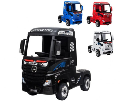 Assortment of kids' electric ride-on lorries, including a Black Mercedes Actros model featuring vibrant racing decals and authentic designs.