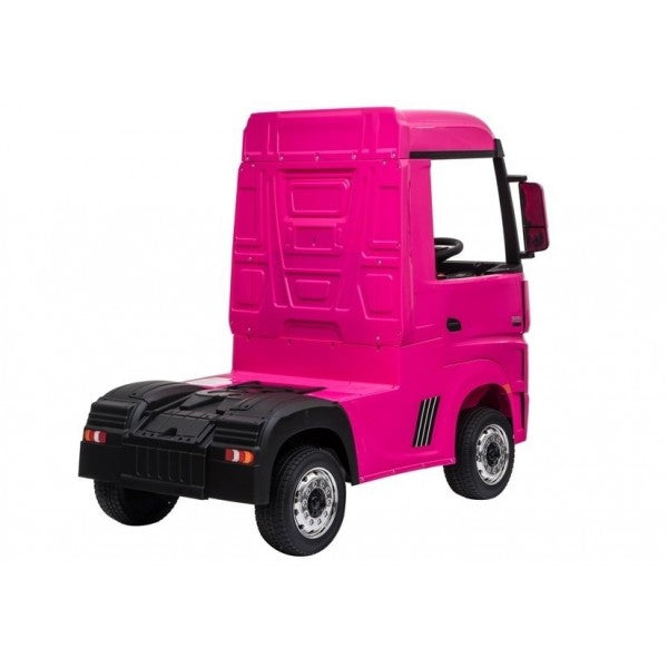 "Pink Mercedes Actros electric ride-on lorry for kids with parental control, 24 Volt, displayed on a white background."
