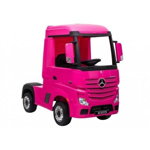 "Pink Mercedes Actros Children's Ride-On Lorry with Parental Control, 24 Volt Electric Truck on White Background."