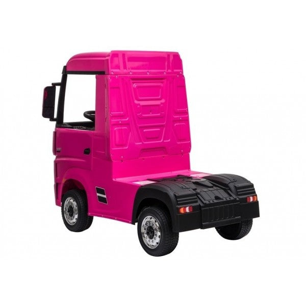 "24 Volt Pink Mercedes Actros Electric Ride on Lorry for Kids with Parental Control, isolated on a white background"
