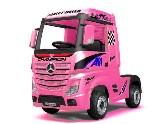"Pink Mercedes Actros 24 Volt electric ride on lorry for kids with parental control, isolated on white background"
