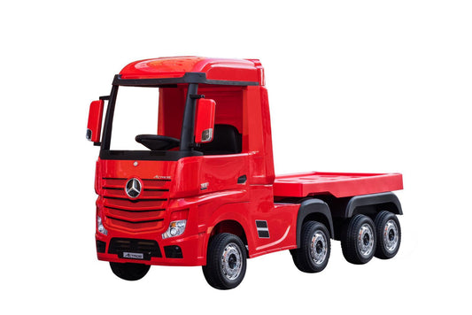 Red electric ride-on Mercedes trailer with Eva rubber wheels for kids, isolated on a white background.